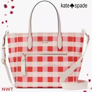 NWT Gingham Plaid Satchel Crossbody Handbag Kate Spade Red Pink White Checkered